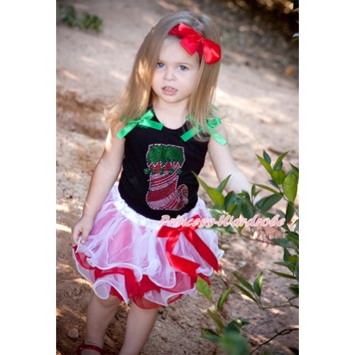 Xmas Black Baby Pettitop with Sparkle Crystal Bling Christmas Stocking Print with Kelly Green Ruffles & Kelly Green Bow with Red Bow Red White Petal Newborn Pettiskirt NG1274 